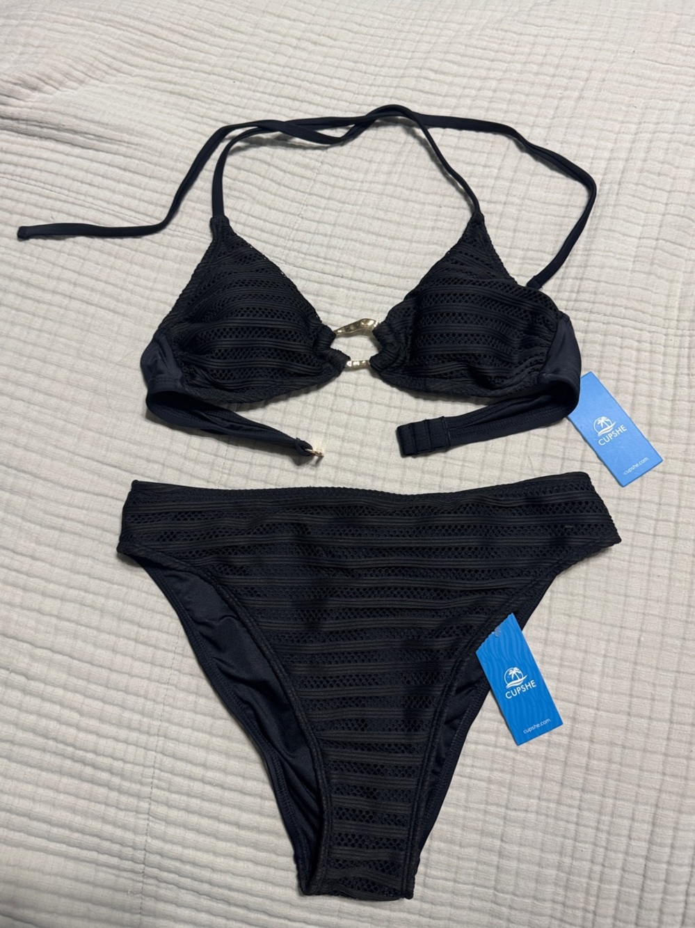 Cupshe Black Textured Triangle Bikini with Metal Accent